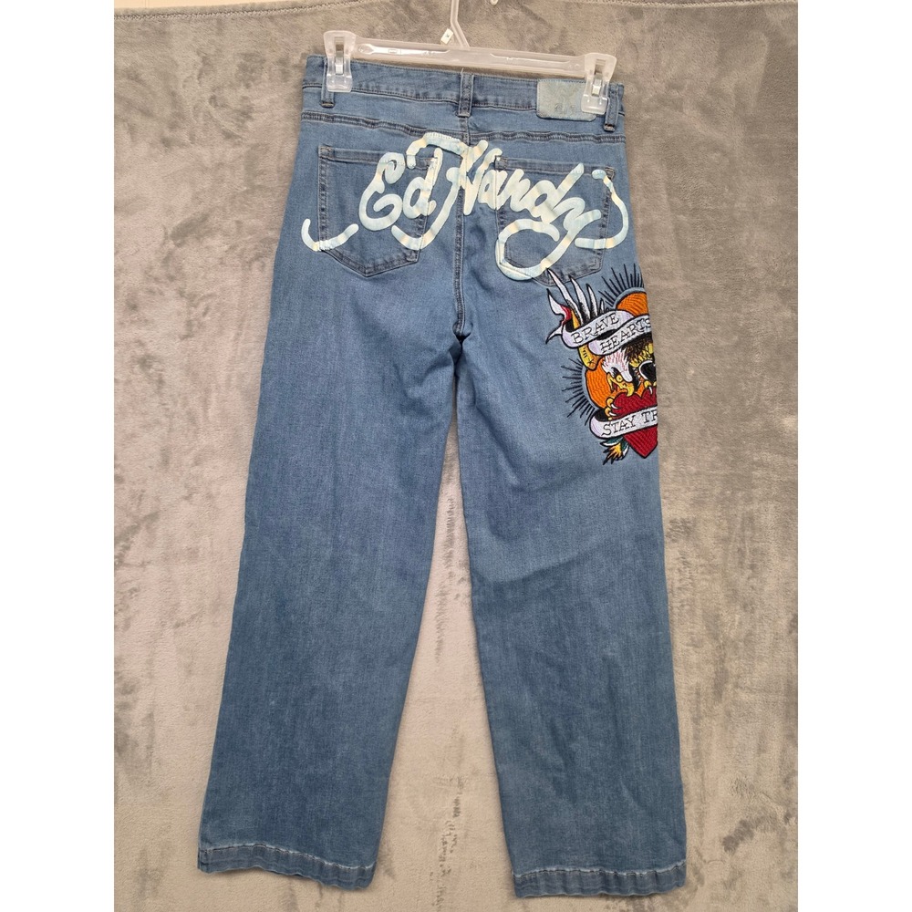 Y2K Ed Hardy Denim Jeans Women Brave Eagle Embroidered Tattoo Logo Straight Leg